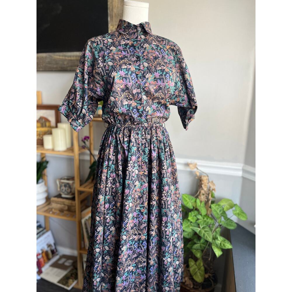 Vintage 90s Dark Cottagecore Midi Dress Floral Collared Size Small